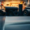 Unidirectional carbon fiber fabric rolls in a composites workshop
