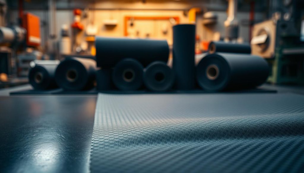 Unidirectional carbon fiber fabric rolls in a composites workshop