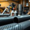 Woven carbon fiber tubes in a composites workshop