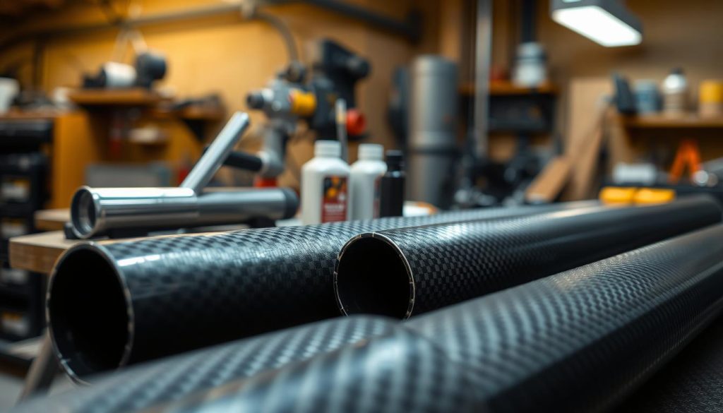 Woven carbon fiber tubes in a composites workshop