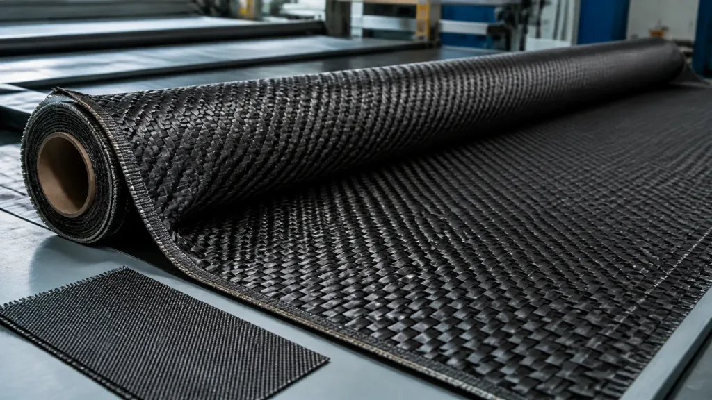 Heavy 12K carbon fiber fabric roll beside a finer weave sample