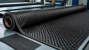 Heavy 12K carbon fiber fabric roll beside a finer weave sample
