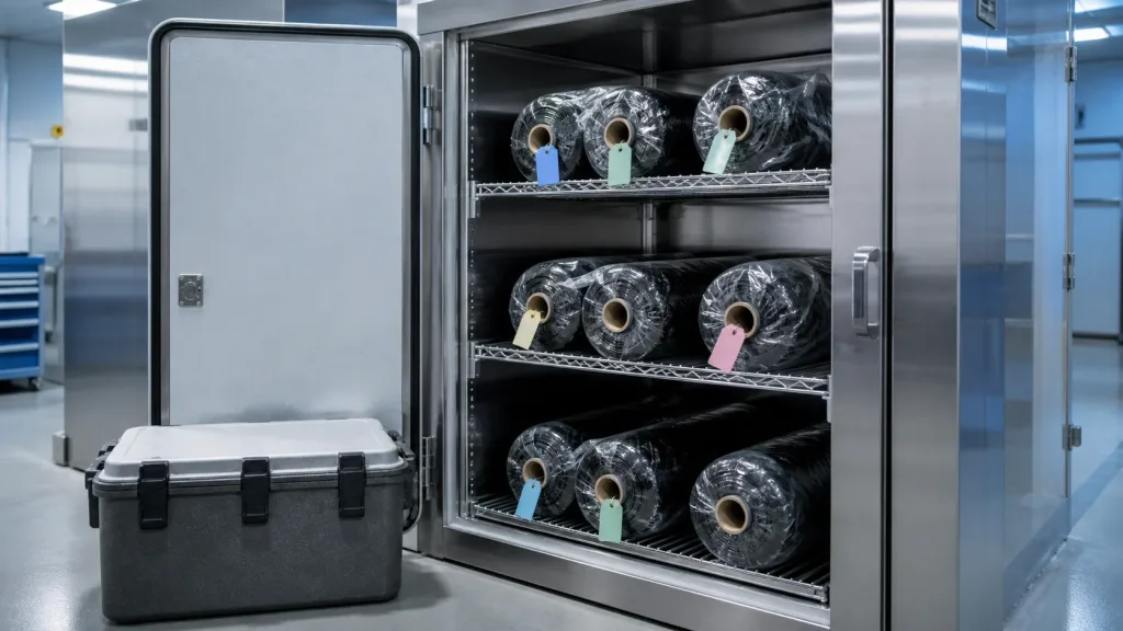 Sealed carbon fiber prepreg rolls stored in an industrial cold cabinet