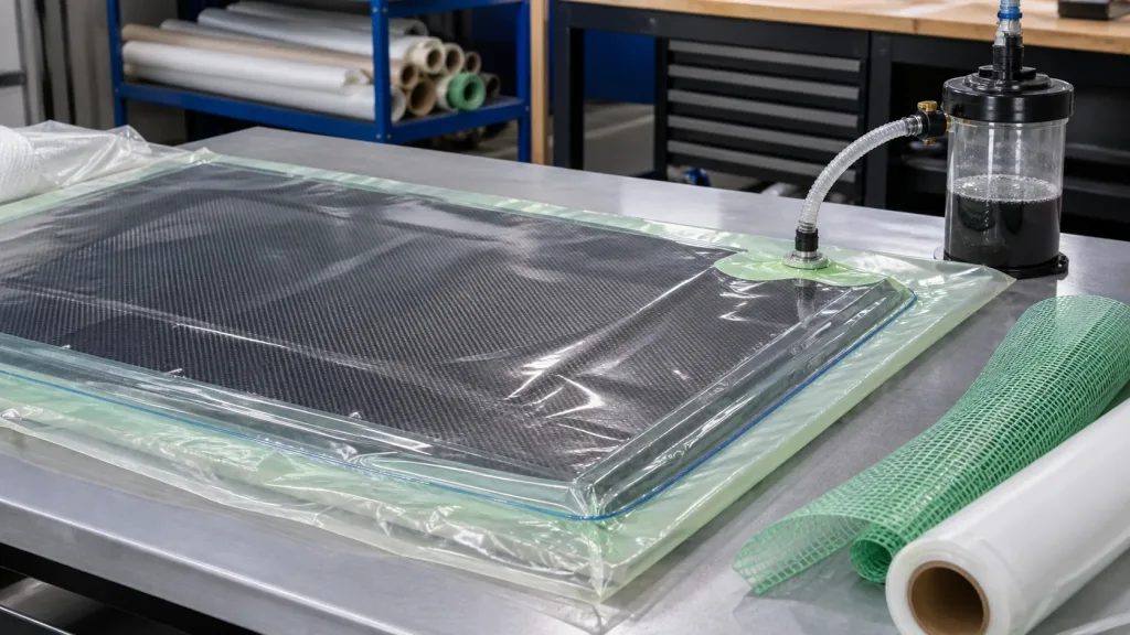 Carbon fiber laminate under a vacuum bag with flow media and resin trap