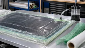 Carbon fiber laminate under a vacuum bag with flow media and resin trap