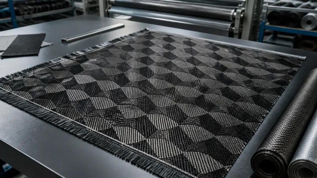 Custom geometric carbon fiber fabric sample on an OEM inspection table