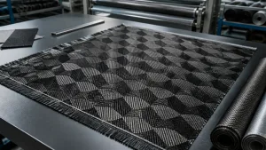 Custom geometric carbon fiber fabric sample on an OEM inspection table