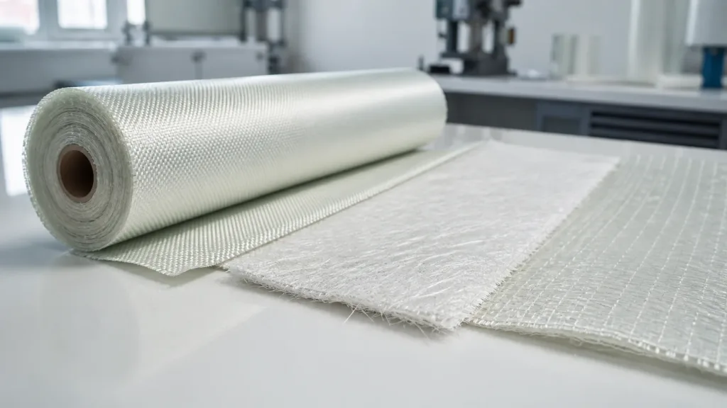 Woven fiberglass cloth, chopped strand mat and stitched reinforcement samples