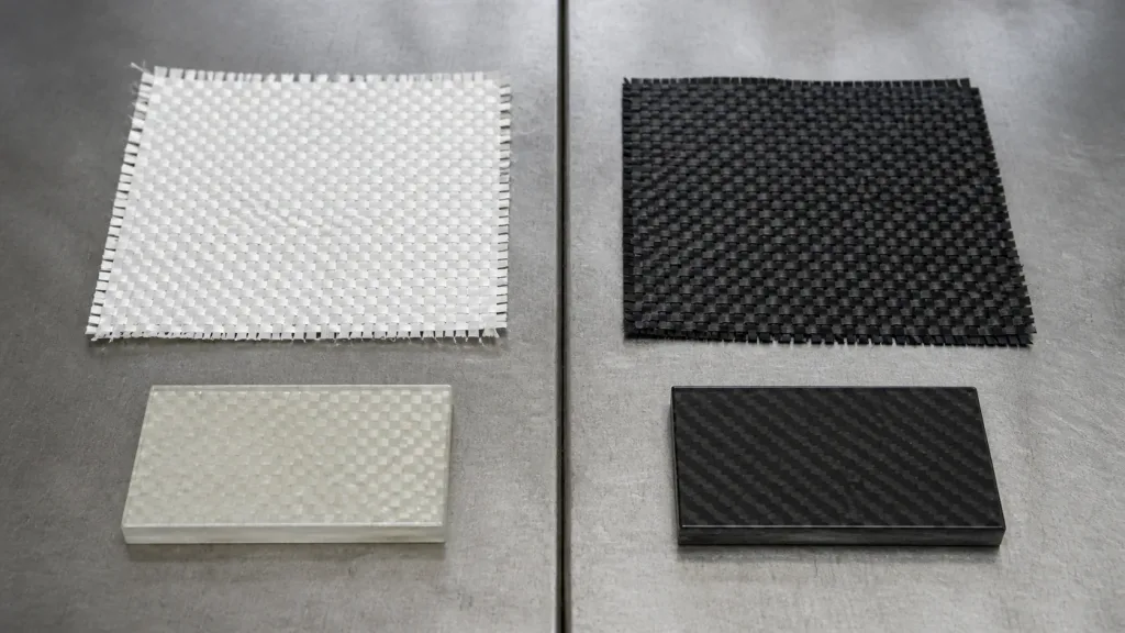 Fiberglass and carbon fiber fabric and laminate samples side by side