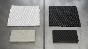 Fiberglass and carbon fiber fabric and laminate samples side by side