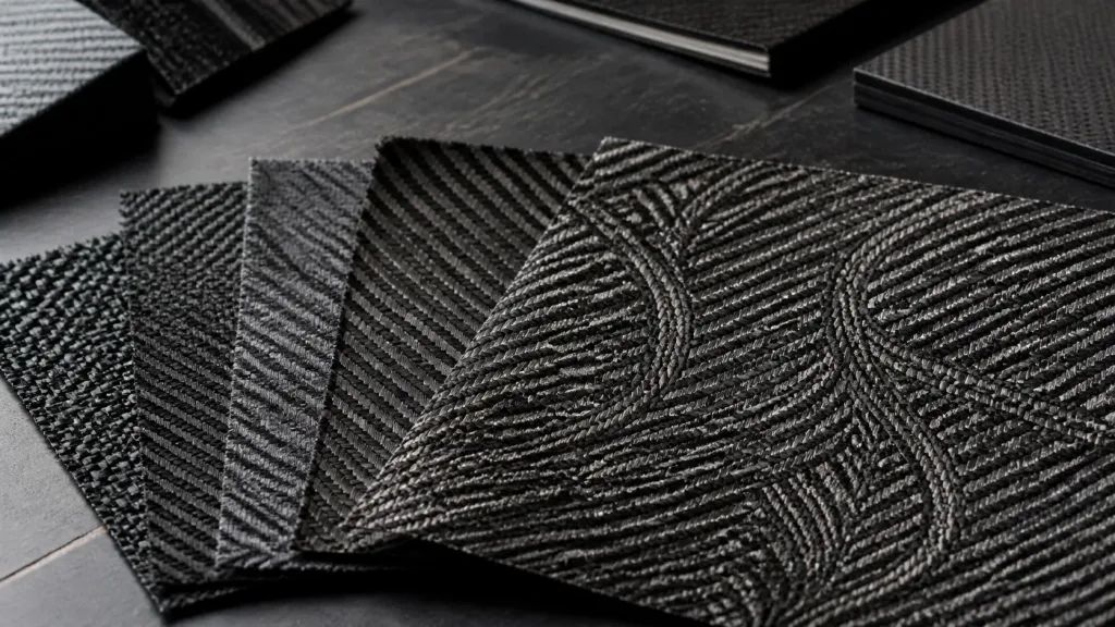 Jacquard carbon fiber fabric swatches with varied woven patterns