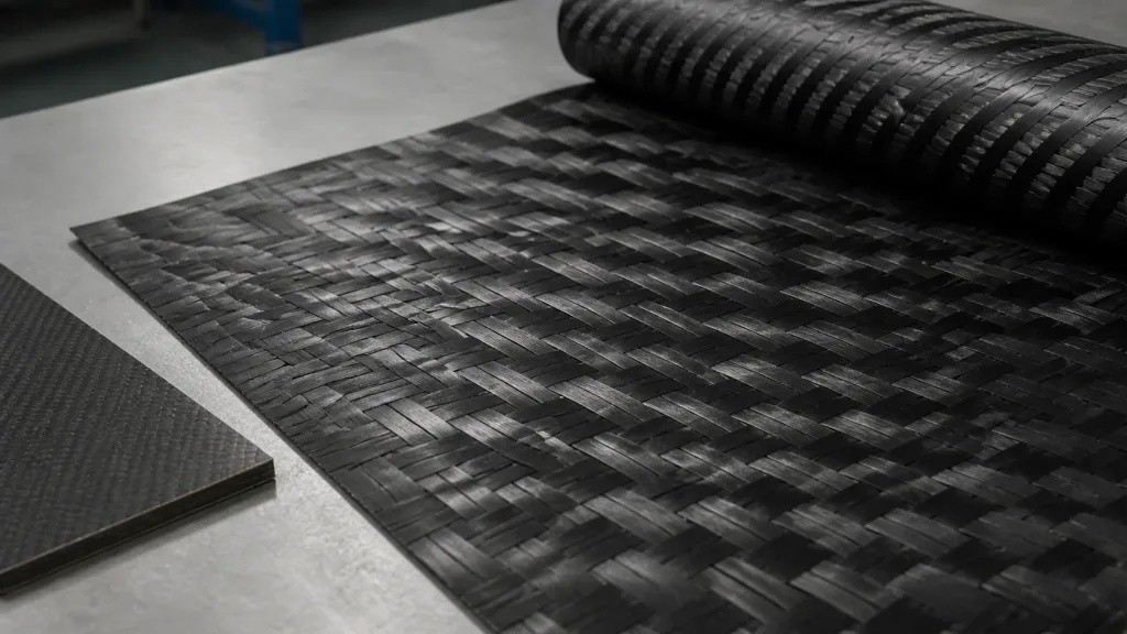 Spread tow carbon fiber fabric on a composites workbench